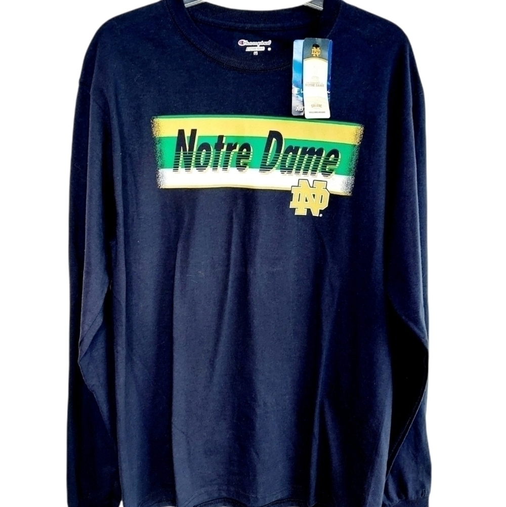 University of Notre Dame Long Sleeve Champion T-Shirt Medium Logo Navy NEW NWT